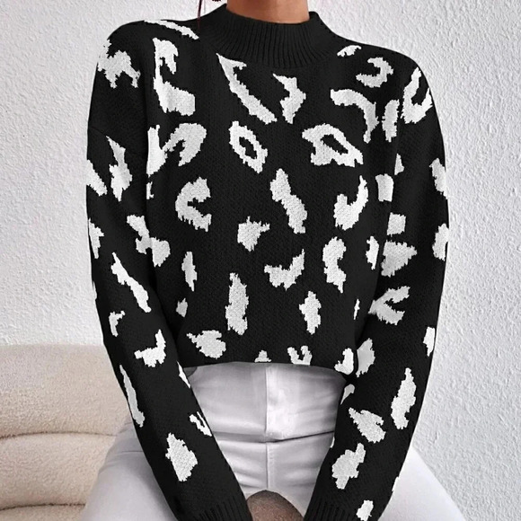 Black Casual Womens Leopard Pattern Mock Neck Drop Shoulder Sweater - Picture 2 of 4